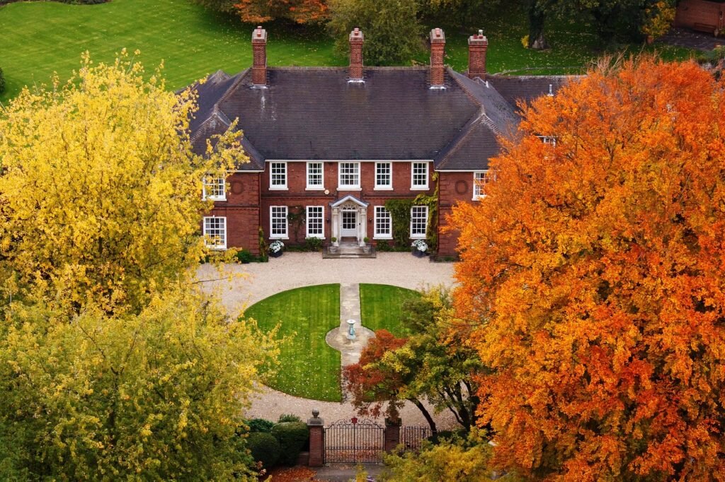 architecture, autumn, beautiful, building, colorful, country, real, estate, fall, green, home, nature, house, mansion, property, red, residential, rich, tree, aerial